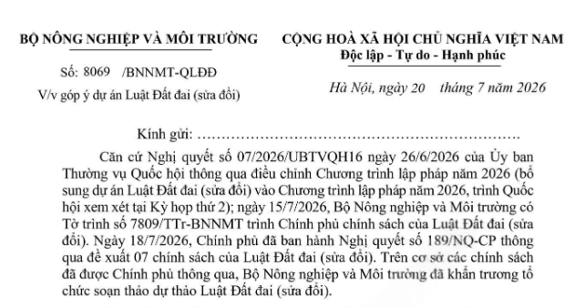 Công văn 8069/BNNMT-QLĐĐ góp ý dự án Luật Đất đai sửa đổi