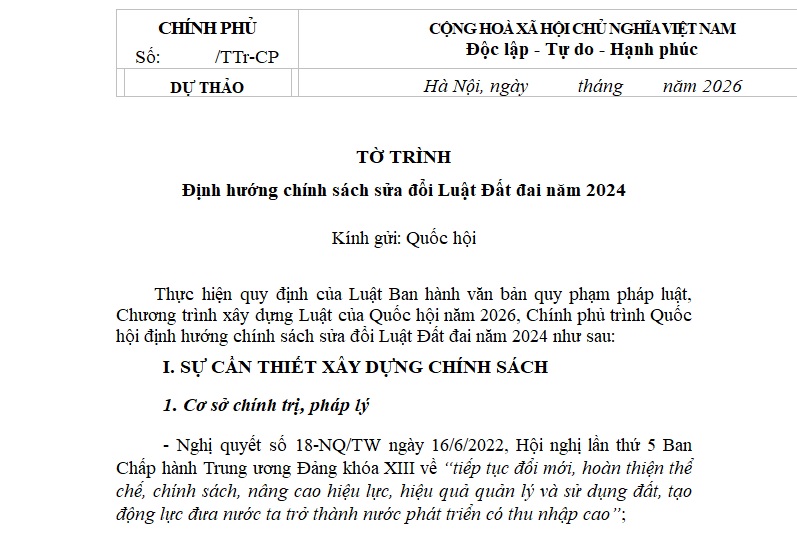 Dự thảo Tờ trình định hướng chính sách sửa đổi Luật Đất đai 2024