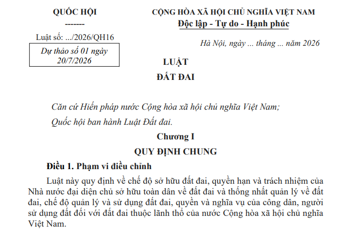 Dự thảo Luật Đất đai 2026 (Dự thảo số 01 ngày 20/7/2026)