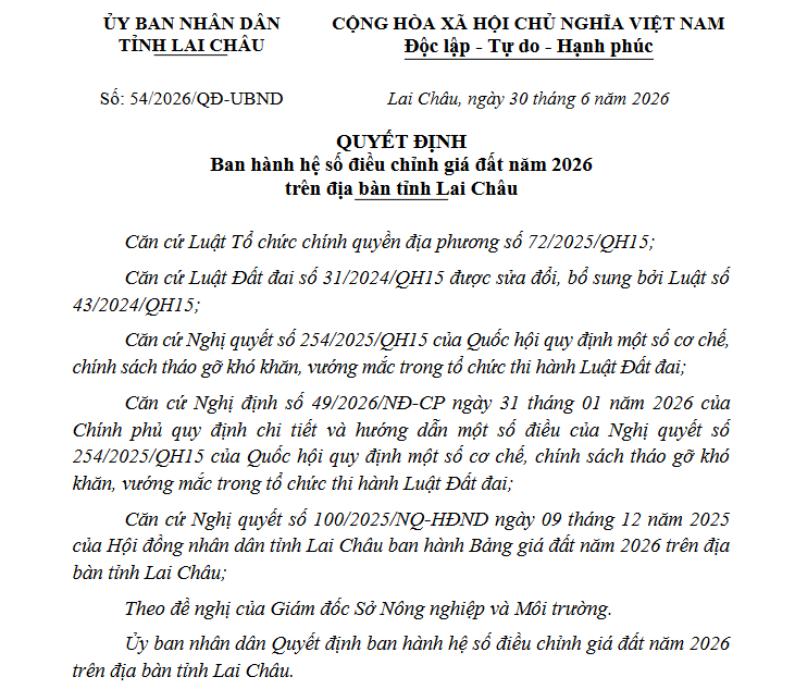 Hệ số điều chỉnh giá đất tỉnh Lai Châu năm 2026