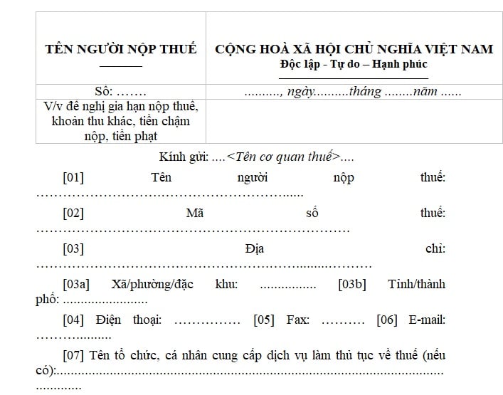 Mẫu số 01/GHAN Văn bản đề nghị gia hạn nộp thuế theo Thông tư 89 mới nhất