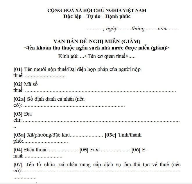 Mẫu số 01/MGTH Văn bản đề nghị miễn giảm thuế theo Thông tư 89 mới nhất