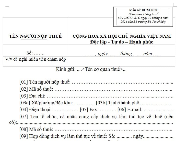 Mẫu số 01/MTCN Văn bản đề nghị miễn tiền chậm nộp theo Thông tư 89 mới nhất