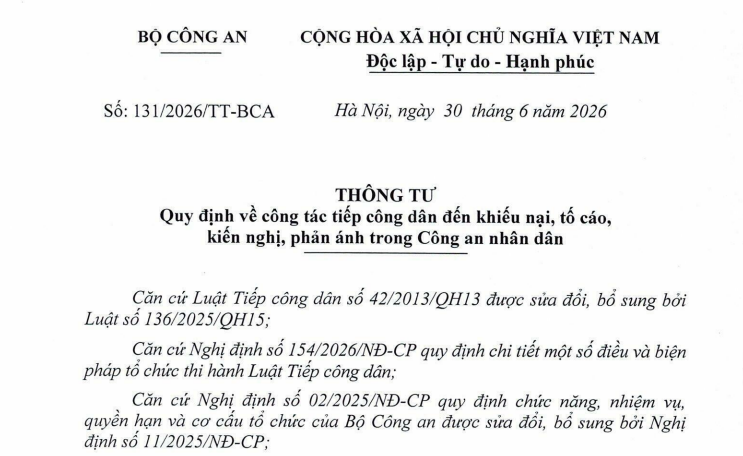 Đã có Thông tư 131/2026/TT-BCA về tiếp công dân khiếu nại tố cáo trong Công an