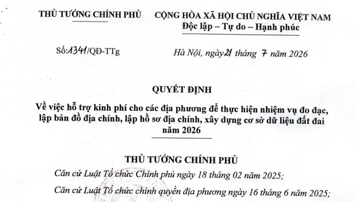 Quyết định 1341/QĐ-TTg: Hỗ trợ kinh phí đo đạc và xây dựng cơ sở dữ liệu đất đai