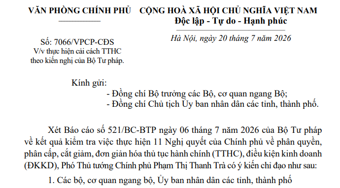 Công văn 7066/VPCP-CĐS thực hiện 11 Nghị quyết đơn giản hóa thủ tục hành chính