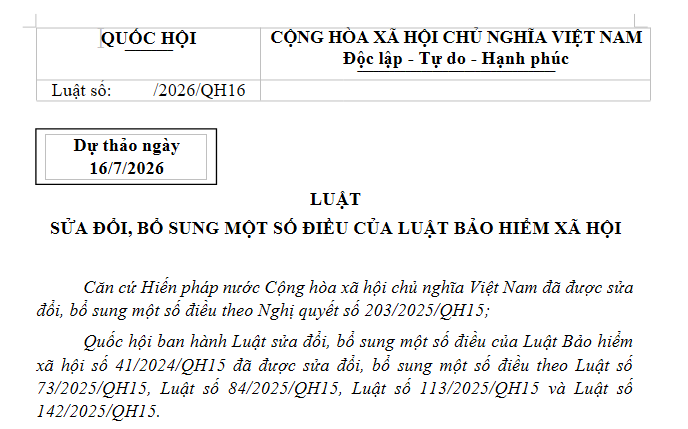 Dự thảo Luật sửa đổi Luật Bảo hiểm xã hội 2024 (Dự thảo ngày 16/7/2026)