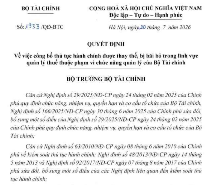 Đã có Quyết định 1933/QĐ-BTC năm 2026 công bố thủ tục về đăng ký thuế mới nhất
