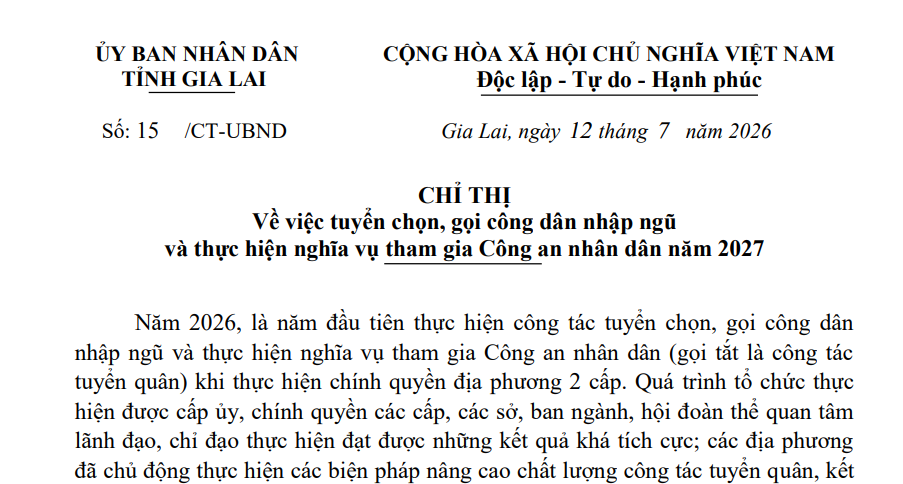 Chỉ thị gọi nhập ngũ năm 2027 tỉnh Gia Lai (Chỉ thị 15/CT-UBND)