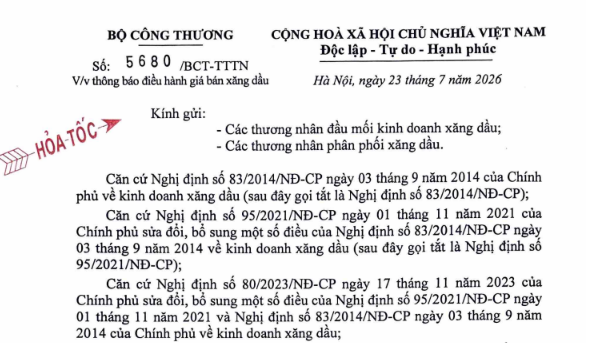Công văn 5680 thông báo giá xăng dầu từ 15h ngày 23/7/2026