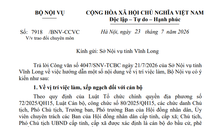 Toàn văn Công văn 7918/BNV-CCVC về vị trí việc làm, xếp ngạch đối với cán bộ