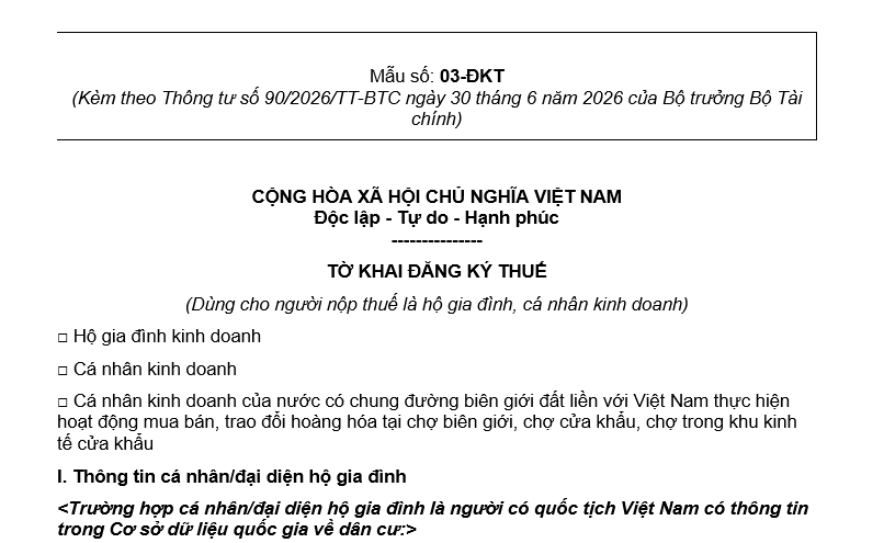 Hướng dẫn điền Tờ khai đăng ký thuế Mẫu số 03-ĐKT Thông tư 90/2026/TT-BTC