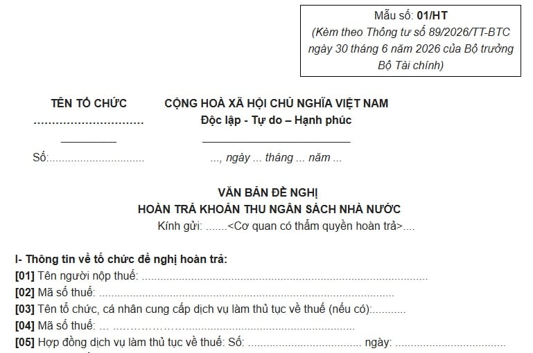 Mẫu số 01/HT Văn bản đề nghị hoàn trả khoản thu NSNN theo Thông tư 89 mới nhất