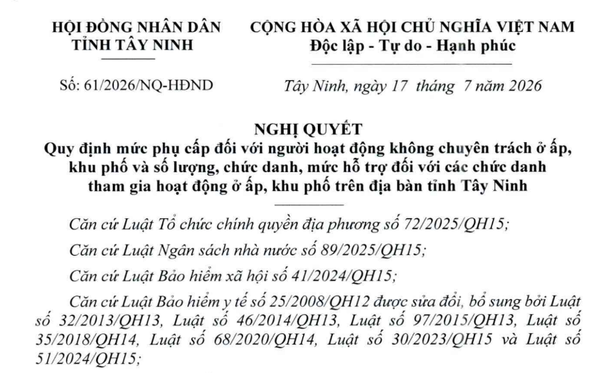 Mức phụ cấp đối với người hoạt động không chuyên trách ở ấp khu phố tại Tây Ninh (Nghị quyết 61/2026/NQ-HĐND)