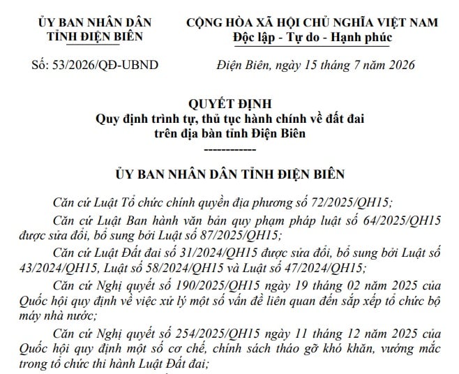 Đã có Quyết định 53/2026/QĐ-UBND thủ tục đất đai tỉnh Điện Biên