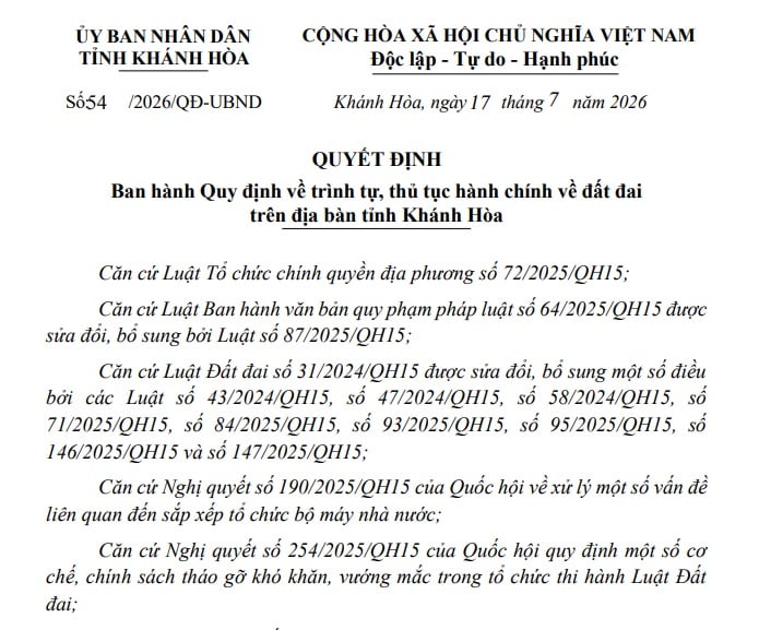 Đã có Quyết định 54/2026/QĐ-UBND thủ tục đất đai tỉnh Khánh Hòa