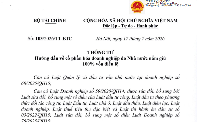 Đã có Thông tư 103/2026/TT-BTC hướng dẫn cổ phần hóa doanh nghiệp Nhà nước