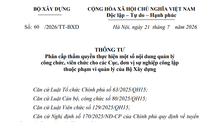 Đã có Thông tư 60/2026/TT-BXD phân cấp quản lý công chức viên chức thuộc Bộ Xây dựng 