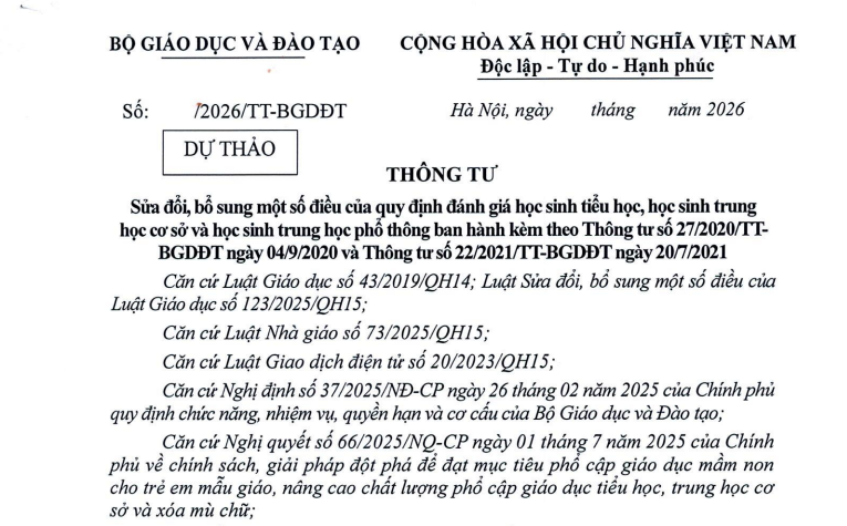 Đã có dự thảo Thông tư sửa đổi quy định đánh giá học sinh tiểu học, THCS và THPT