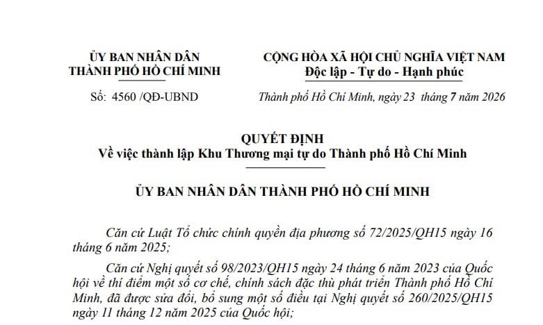 Quyết định 4560/QĐ-UBND: Thành lập Khu Thương mại tự do TPHCM