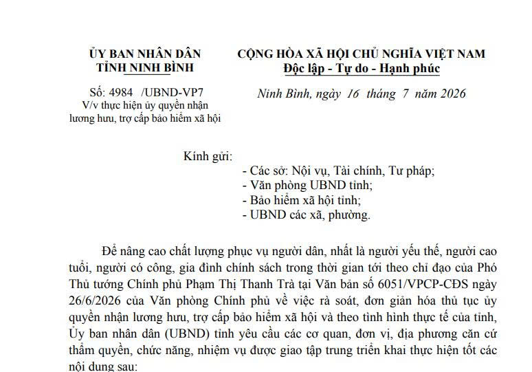 Công văn 4984: Chỉ đạo về ủy quyền nhận lương hưu và trợ cấp bảo hiểm xã hội tỉnh Ninh Bình 