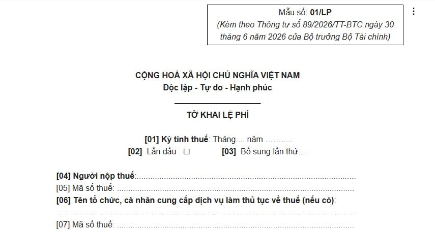 Mẫu số 01/LP Tờ khai lệ phí theo Thông tư 89 mới nhất