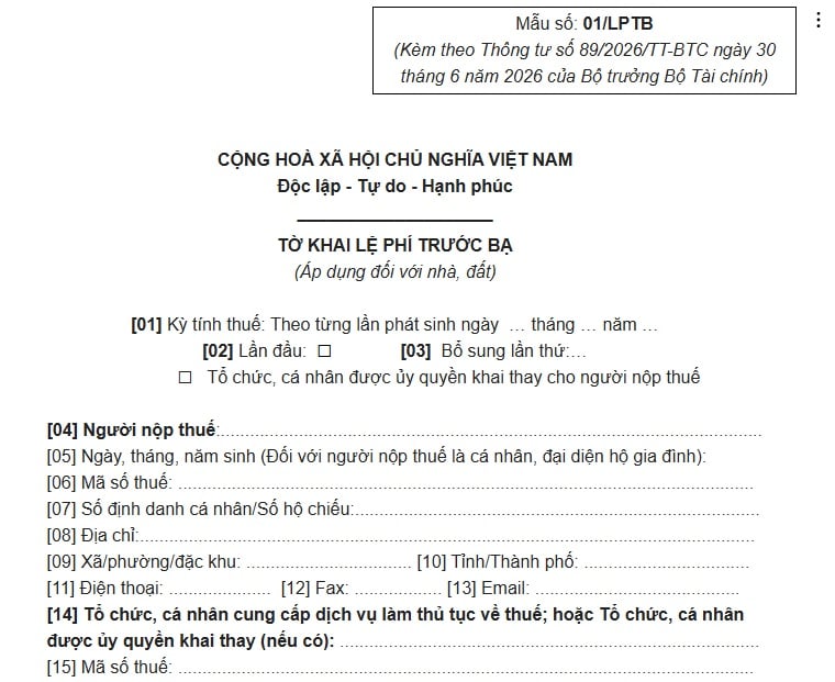 Mẫu số 01/LPTB Tờ khai lệ phí trước bạ đối với nhà đất theo Thông tư 89 mới nhất
