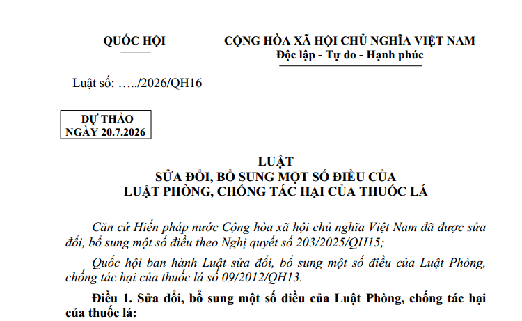 Dự thảo Luật sửa đổi Luật Phòng chống tác hại của thuốc lá [Cập nhật mới]