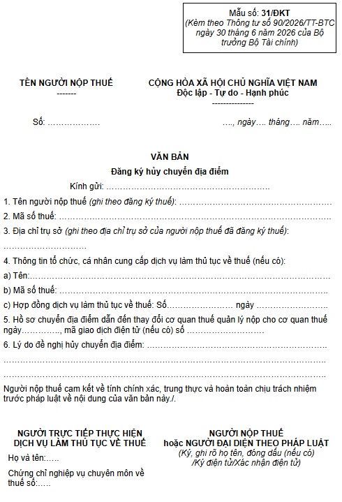 Mẫu số 31/ĐKT Văn bản đăng ký hủy chuyển địa điểm theo Thông tư 90
