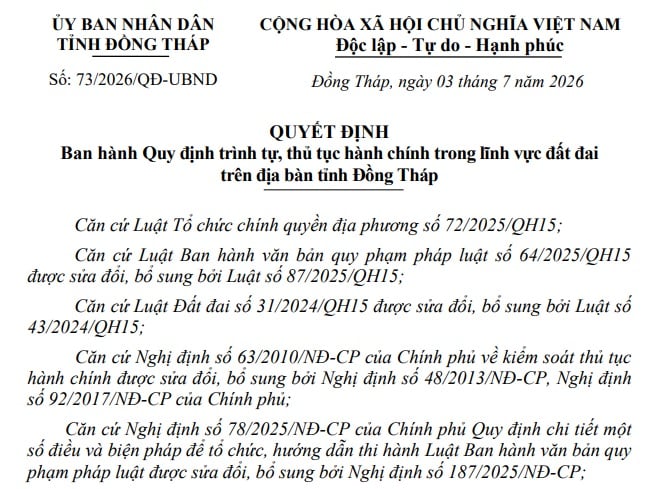 Đã có Quyết định 73/2026/QĐ-UBND thủ tục đất đai tỉnh Đồng Tháp