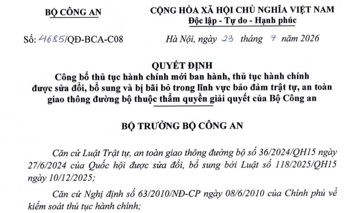 Đã có Quyết định 4685/QĐ-BCA-C08 công bố thủ tục hành chính mới về sát hạch, cấp giấy phép lái xe