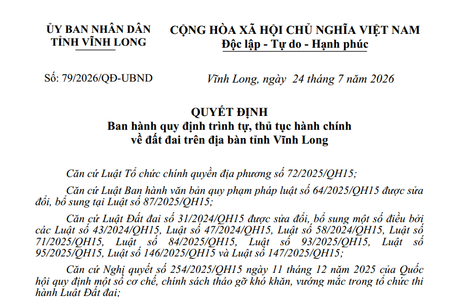 Đã có Quyết định 79/2026/QĐ-UBND thủ tục đất đai tỉnh Vĩnh Long