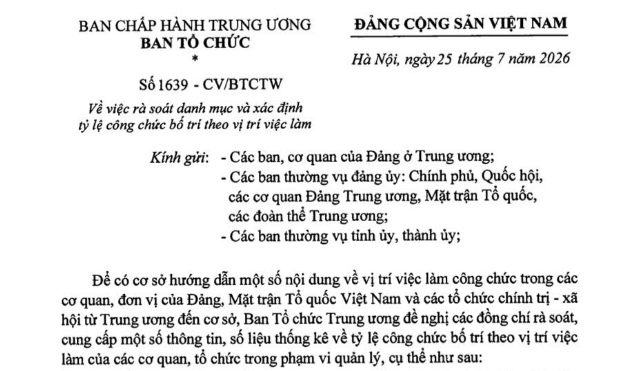 Toàn văn Công văn 1639-CV/BTCTW rà soát danh mục xác định tỷ lệ công chức theo vị trí việc làm