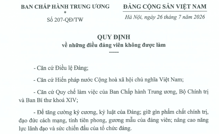 Toàn văn Quy định 207-QĐ/TW những điều đảng viên không được làm