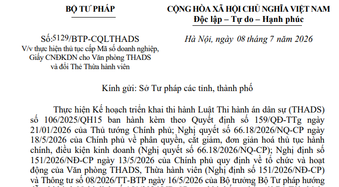Toàn văn Công văn 5129/BTP-CQLTHADS cấp mã số doanh nghiệp cho Văn phòng Thi hành án dân sự 