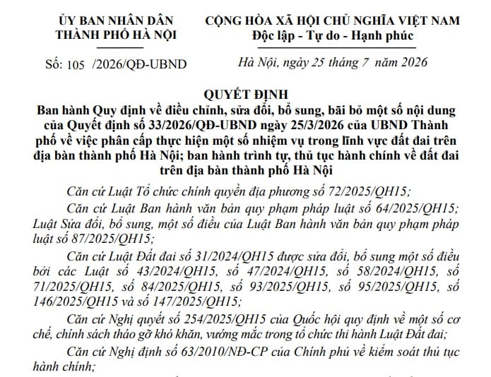 Toàn văn Quyết định 105/2026/QĐ-UBND thủ tục đất đai tại Hà Nội mới nhất chi tiết thế nào?