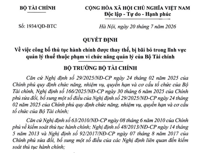 Toàn văn Quyết định 1934/QĐ-BTC công bố thủ tục lĩnh vực quản lý thuế