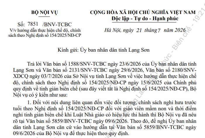 Công văn 7851/BNV-TCBC hướng dẫn chế độ chính sách Nghị định 154 có những nội dung gì?