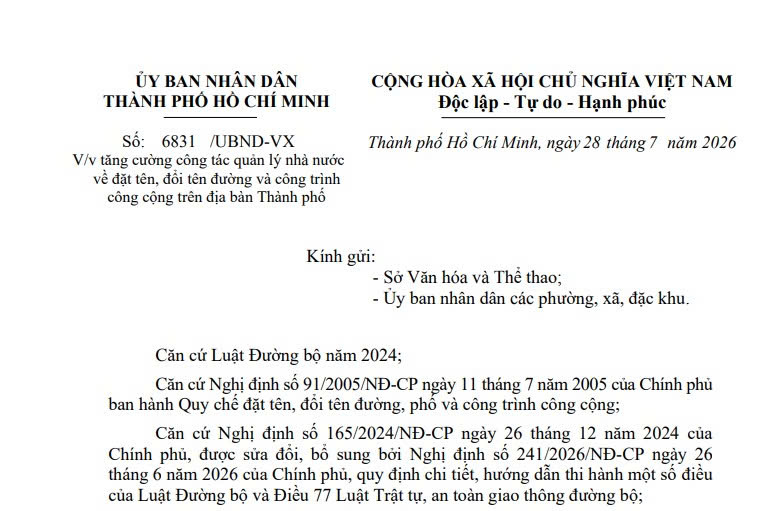 Công văn 6831/UBND-VX: TPHCM chỉ đạo về đặt tên và đổi tên đường thế nào? 