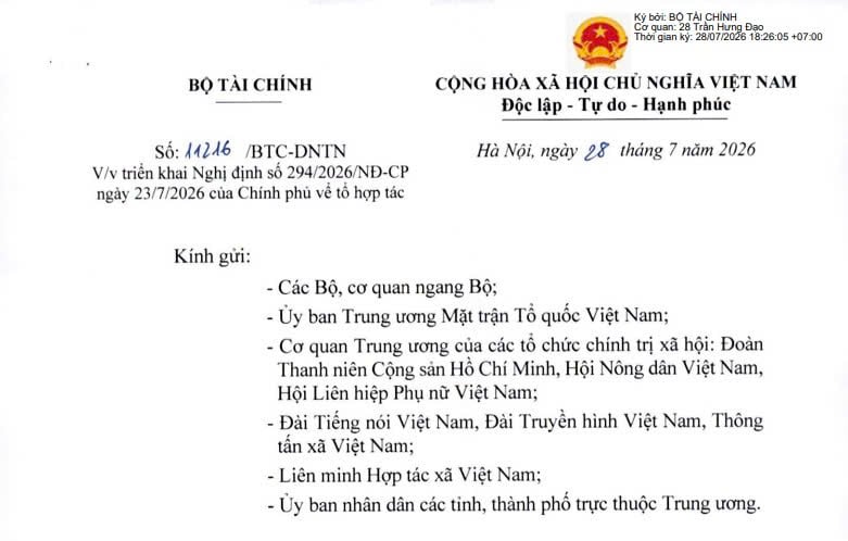 Công văn 11216: Bộ Tài chính triển khai Nghị định 294/2026 về tổ hợp tác như thế nào?