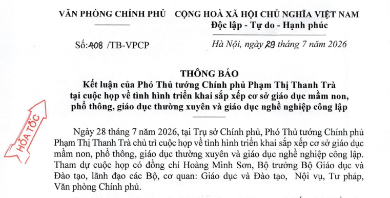 Thông báo 408/TB-VPCP (hỏa tốc) Kết luận về sắp xếp cơ sở giáo dục mầm non, phổ thông ra sao?