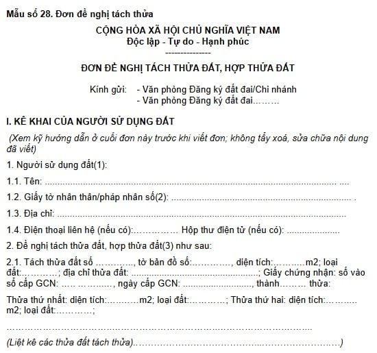 Mẫu đơn đề nghị tách thửa đất hợp thửa đất tỉnh Khánh Hòa năm 2026 là mẫu nào?