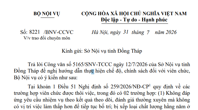 Công văn 8221/BNV-CCVC viên chức thôi việc có được áp dụng chính sách tinh giản biên chế không?