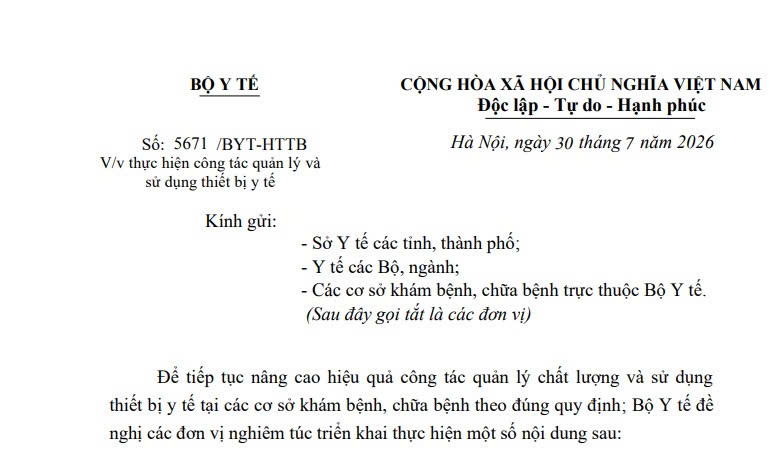 Công văn 5671/BYT-HTTB về quản lý và sử dụng thiết bị y tế của Bộ Y tế ra sao?