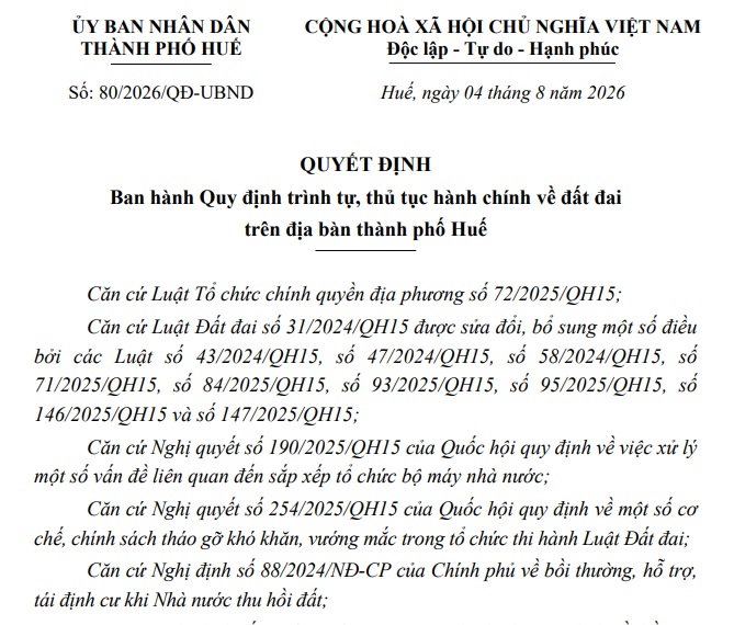 Quyết định 80/2026/QĐ-UBND quy định thủ tục đất đai thành phố Huế như thế nào?