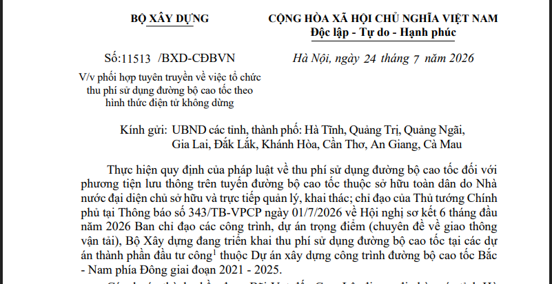 Công văn 11513: Tổ chức thu phí tự động không dừng (ETC) tại các đoạn cao tốc thành phần là khi nào?