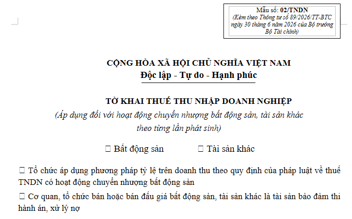 Tải về Mẫu số 02/TNDN tờ khai thuế TNDN theo Thông tư 89/2026/TT-BTC