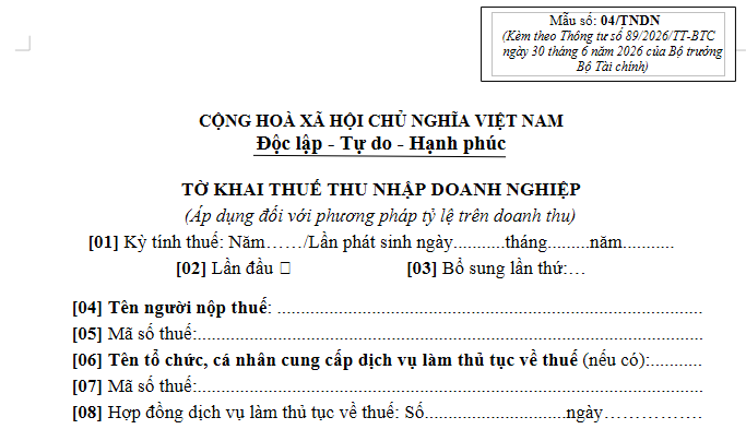 Tải về Mẫu 04/TNDN tờ khai thuế TNDN theo Thông tư 89/2026/TT-BTC
