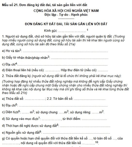 Mẫu đơn đăng ký đất đai tài sản gắn liền với đất tại Hải Phòng năm 2026 là mẫu nào?
