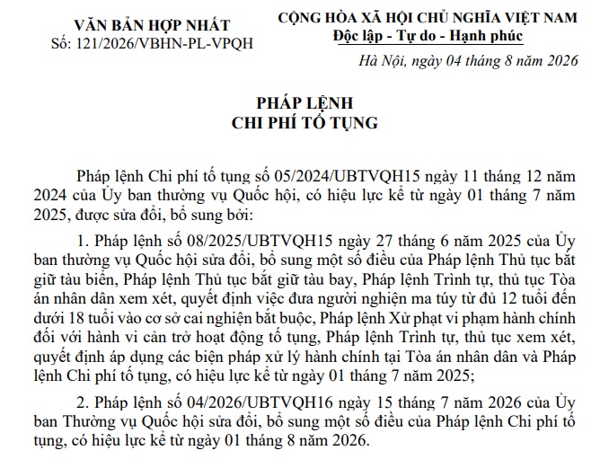 Văn bản hợp nhất Pháp lệnh Chi phí tố tụng (Văn bản hợp nhất 121/2026/VBHN-PL-VPQH) có nội dung gì?